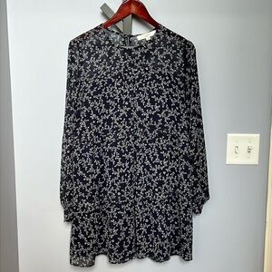 Loft-Navy Floral Print Pattern Tiered Dress with Lining